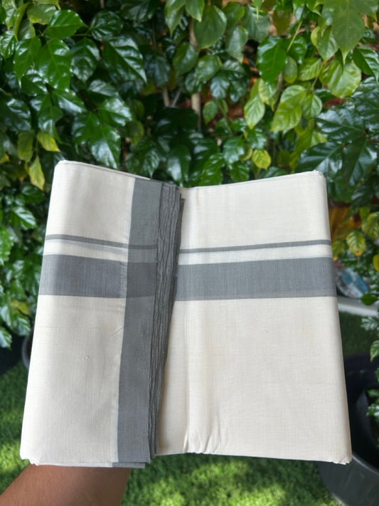 25% Discount ! KaithariKada Handloom Millpaav Balaramapuram - 100% PURE Cotton OFF White (Unbleached) Double Mundu/Dothi - 80x90 - 1.25 inch Grey Mulloth Kara 4 Meters (8.5 Muzham) - 1 KK5256 RAM