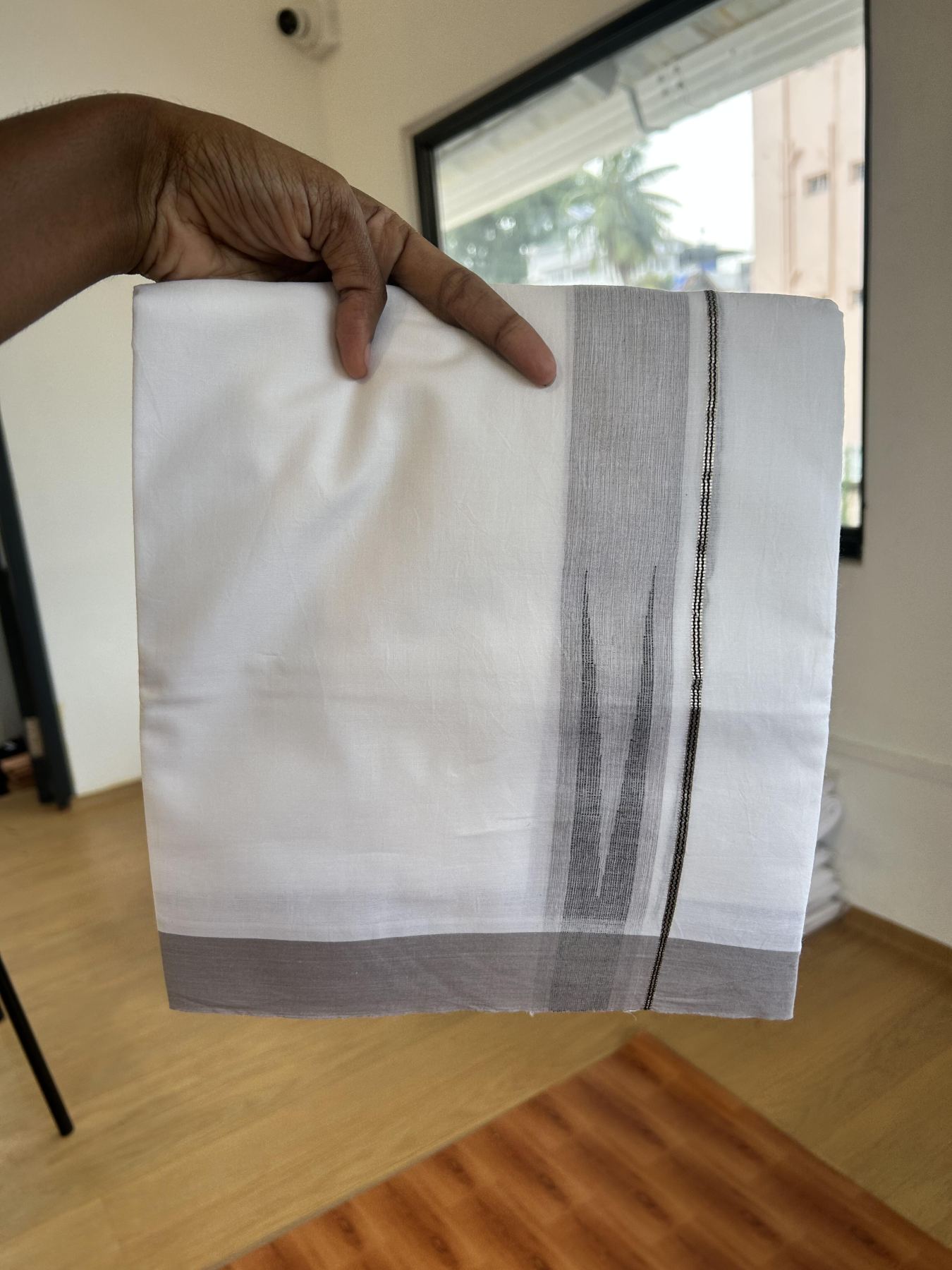 Double Pure White Mundu/Dhoti - 20% Discount !! KaithariKada Balaramapuram 100% Cotton - 100x80 - 1.5 inch Ash Grey & Black Silver Chutty Kara 3.80 mtr (8 muzham) - 2 KK5414 CKS