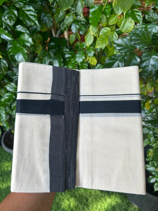 11% Discount ! KaithariKada Handloom Millpaav Balaramapuram - 100% PURE Cotton OFF White (Unbleached) Double Mundu/Dothi - 80x90 - 1 inch Black Kara 4 Meters (8.5 Muzham) - 15 KK5256 RAM