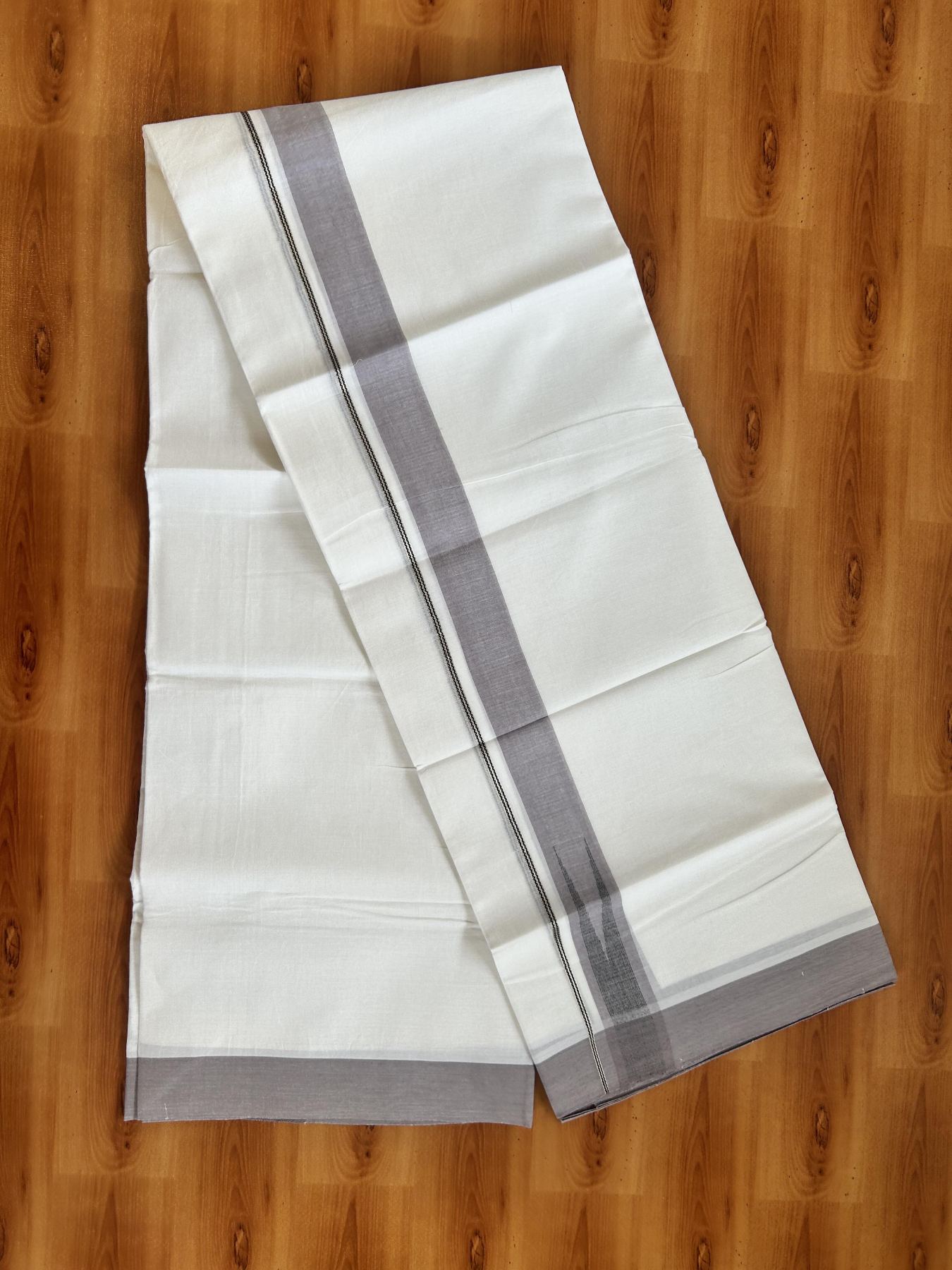 Double Pure White Mundu/Dhoti - 20% Discount !! KaithariKada Balaramapuram 100% Cotton - 100x80 - 1.5 inch Ash Lavender & Black Silver Chutty Kara 3.80 mtr (8 muzham) - 3 KK5414 CKS