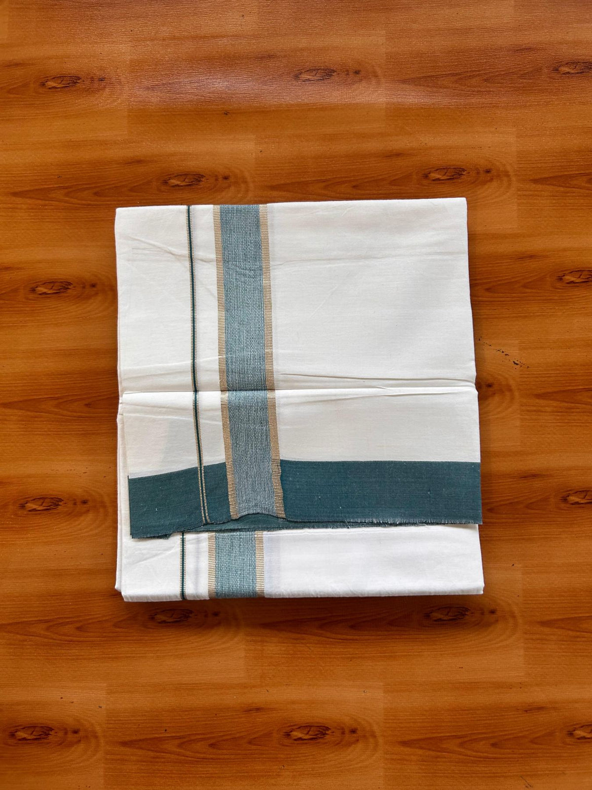 Kids Pure White Mundu/Dhoti Kaitharikada 100% Pure Cotton - 80s - 44 inch height - 1.5 inch Silver Kasav & Peacock Green Shaded Kara 1.70 mtr (3.63 Muzham) - 2 KK5533 PMC