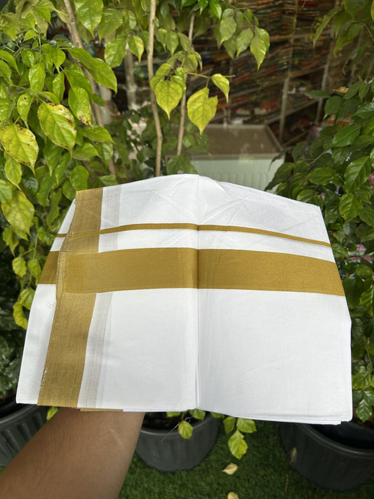 20% Discount ! KaithariKada Balaramapuram 100% Cotton Double Pure white Mundu/Dhoti- 100x80 - 1.5 inch Dark Mustard yellow Kara - 3.80mtr ( 8 muzham) - 31 KK5312 PMC