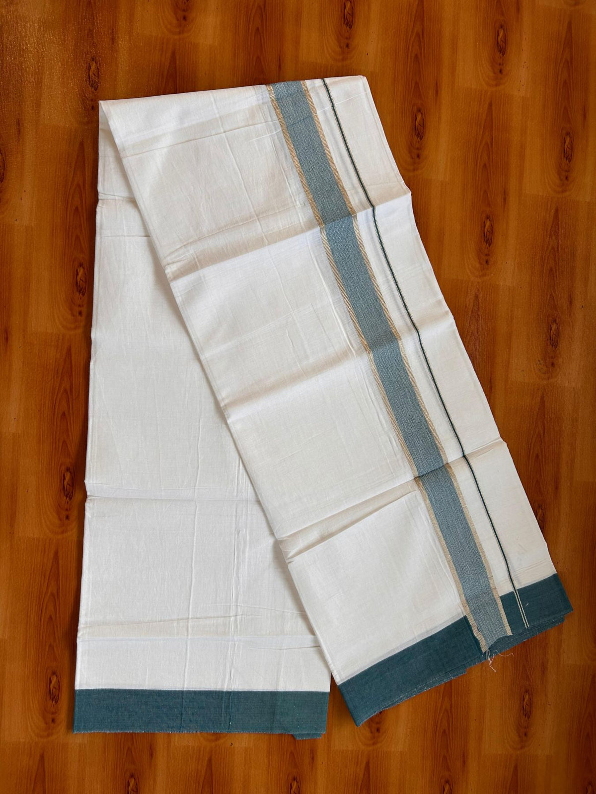 Kids Pure White Mundu/Dhoti Kaitharikada 100% Pure Cotton - 80s - 44 inch height - 1.5 inch Silver Kasav & Peacock Green Shaded Kara 1.70 mtr (3.63 Muzham) - 2 KK5533 PMC