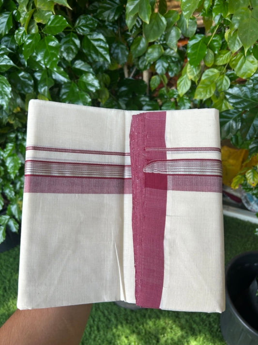 25% Discount ! KaithariKada Handloom Millpaav Balaramapuram - 100% PURE Cotton OFF White (Unbleached) Double Mundu/Dothi - 80x90 - 1.5 inch Silver Kasav & Maroon Shaded Striped Kara 4 Meters (8.5 Muzham) - 20 KK5256 RAM