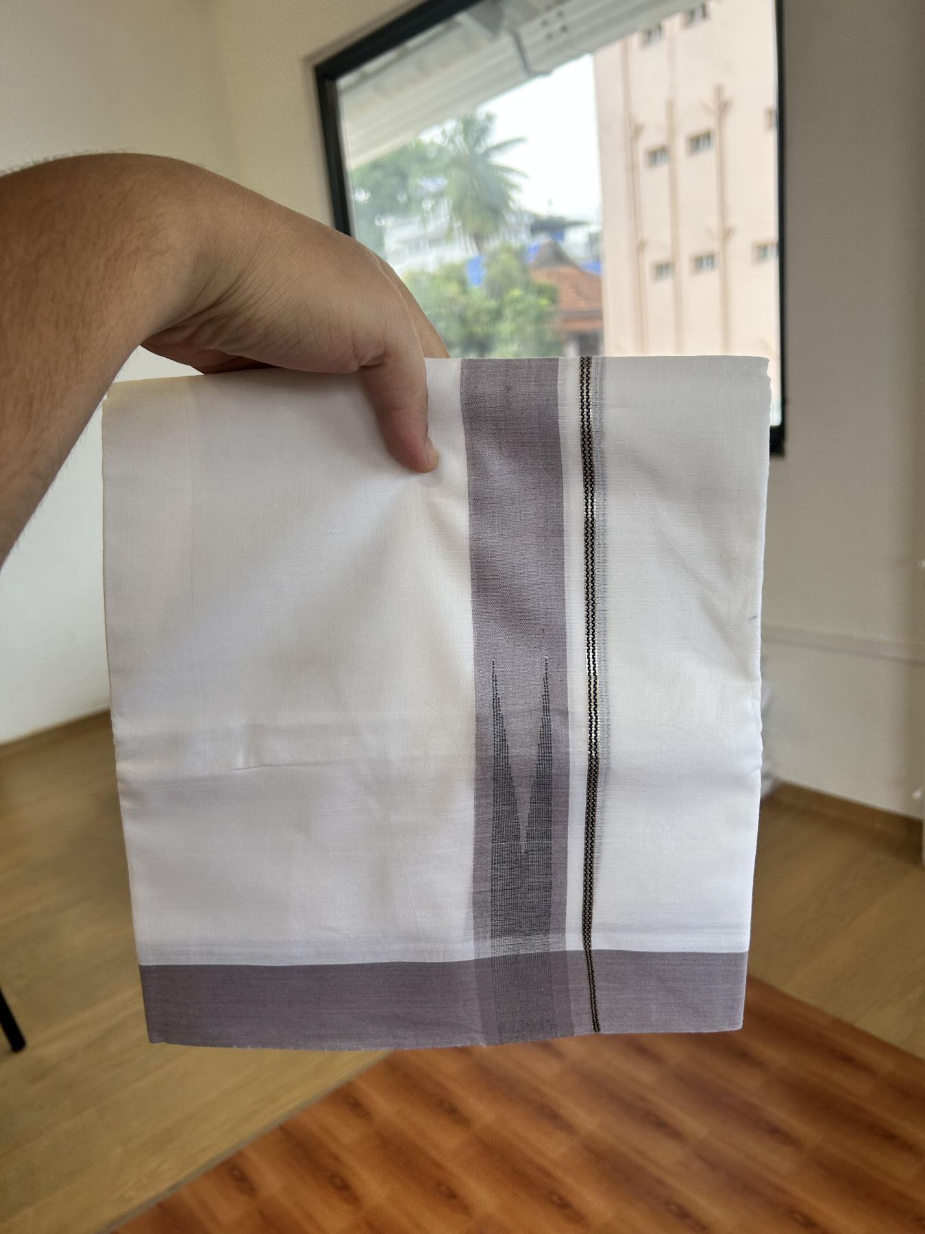 Double Pure White Mundu/Dhoti - 20% Discount !! KaithariKada Balaramapuram 100% Cotton - 100x80 - 1.5 inch Ash Lavender & Black Silver Chutty Kara 3.80 mtr (8 muzham) - 3 KK5414 CKS