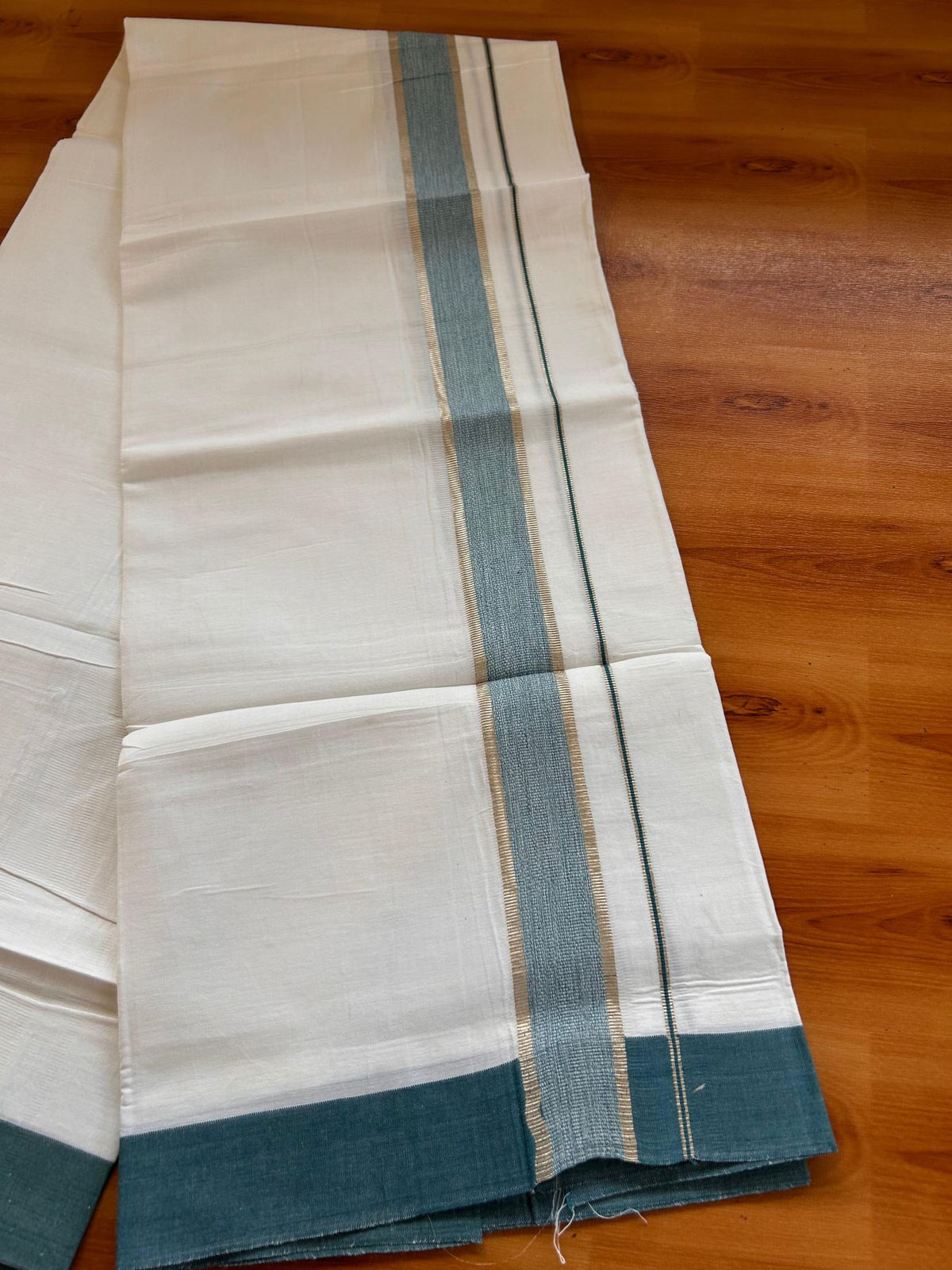 Kids Pure White Mundu/Dhoti Kaitharikada 100% Pure Cotton - 80s - 44 inch height - 1.5 inch Silver Kasav & Peacock Green Shaded Kara 1.70 mtr (3.63 Muzham) - 2 KK5533 PMC