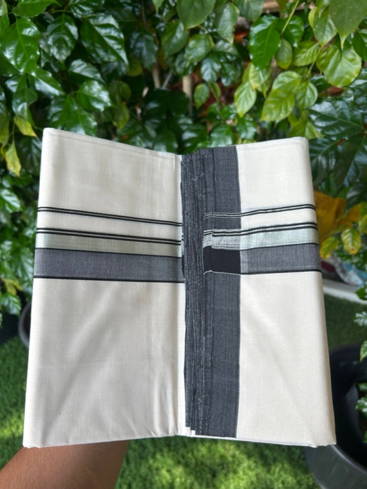 25% Discount ! KaithariKada Handloom Millpaav Balaramapuram - 100% PURE Cotton OFF White (Unbleached) Double Mundu/Dothi - 80x90 - 1.75 inch Silver Kasav & Black Shaded Striped Kara 4 Meters (8.5 Muzham) - 24 KK5256 RAM
