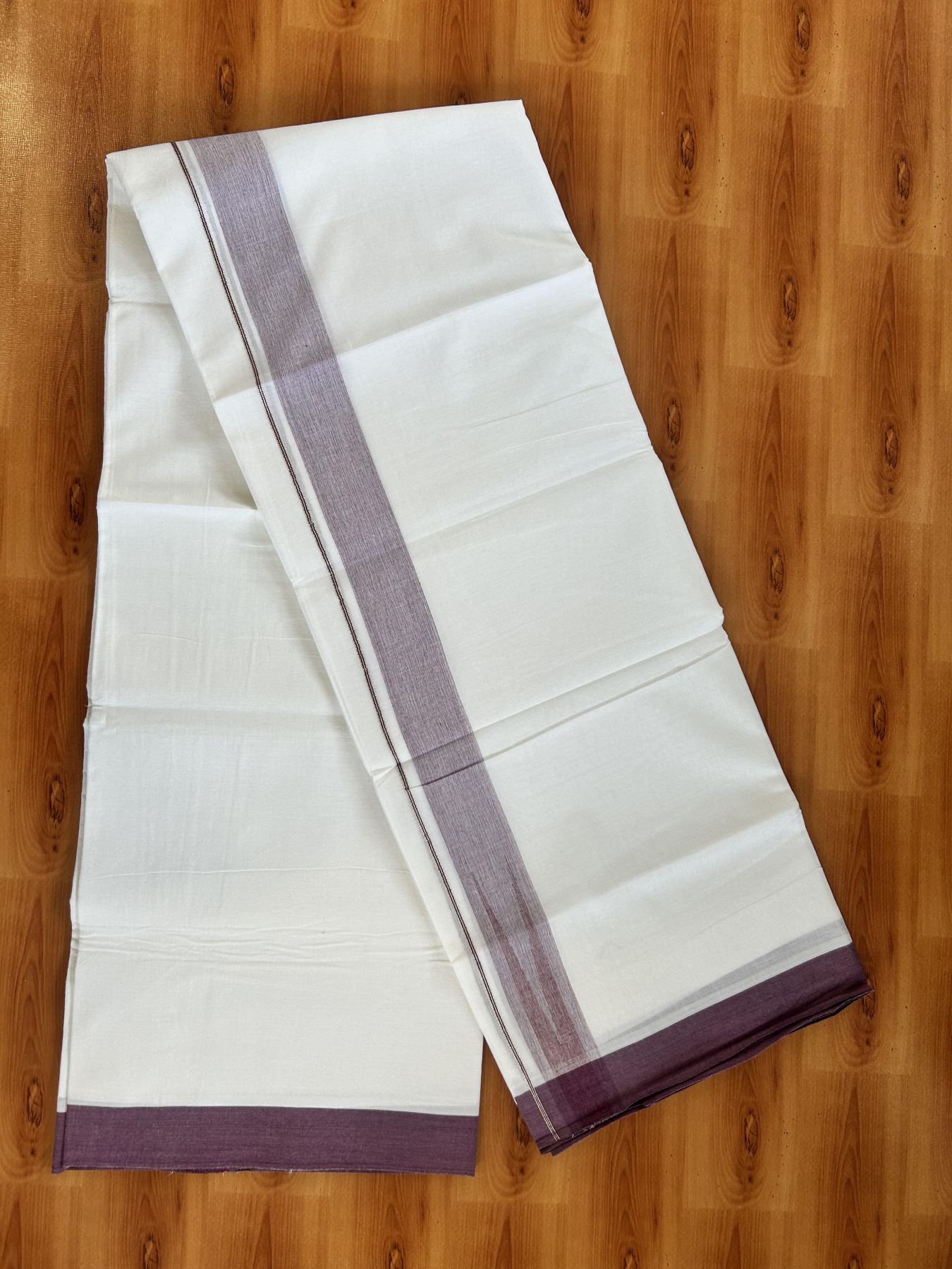 Double Pure White Mundu/Dhoti - 20% Discount !! KaithariKada Balaramapuram 100% Cotton - 100x80 - 1.5 inch Purple Wine & Maroon Silver Chutty Kara 3.80 mtr (8 muzham) - 4 KK5414 CKS