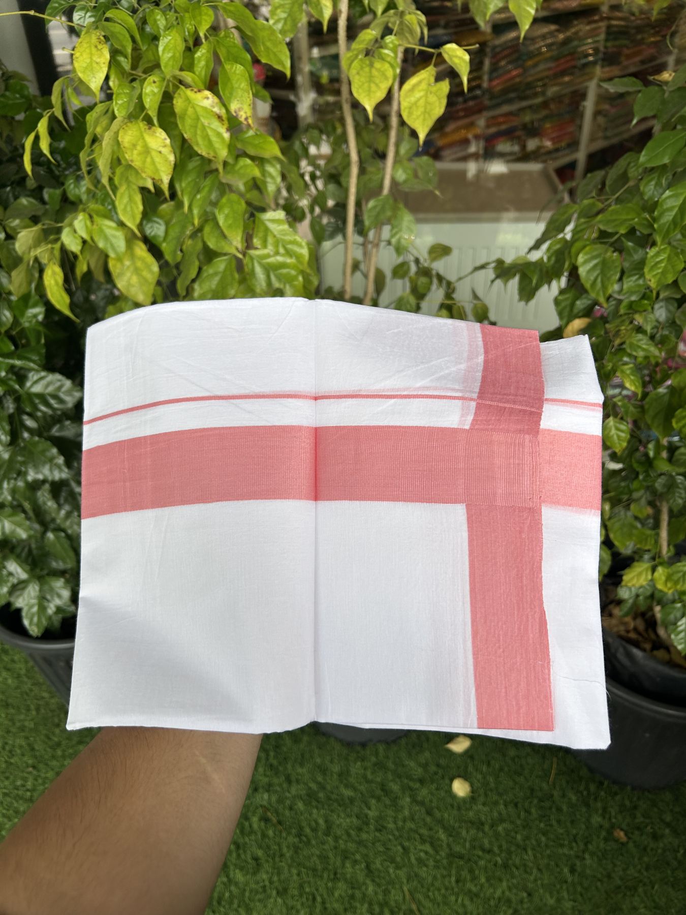 20% Discount ! KaithariKada Balaramapuram 100% Cotton Double Pure white Mundu/Dhoti- 100x80 - 1.5 inch Pink Kara - 3.80mtr ( 8 muzham) - 36 KK5312 PMC
