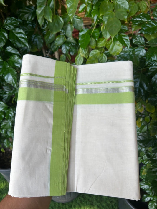 25% Discount! KaithariKada Handloom Millpaav Balaramapuram - 100% Pure Cotton Off White (Unbleached) Double Mundu/Dothi - 80x90 - 1.5 inch Silver Kasavu stripes Light Green Mulloth Kara 4.5 Meters (10 Muzham) - 27 KK5256 RAM