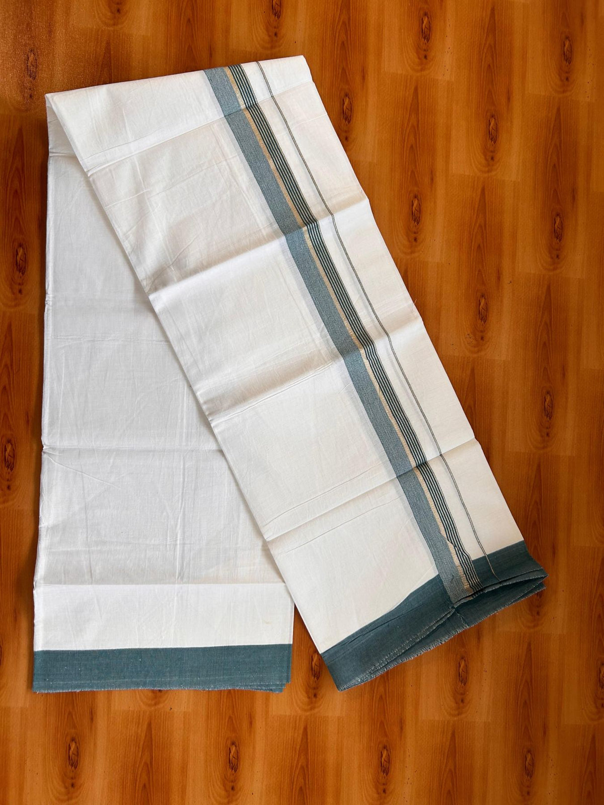 Kids Pure White Mundu/Dhoti Kaitharikada 100% Pure Cotton - 80s - 44 inch height - 1.25 inch Silver Kasav & Peacock Green Striped Kara 1.70 mtr (3.63 Muzham) - 4 KK5533 PMC