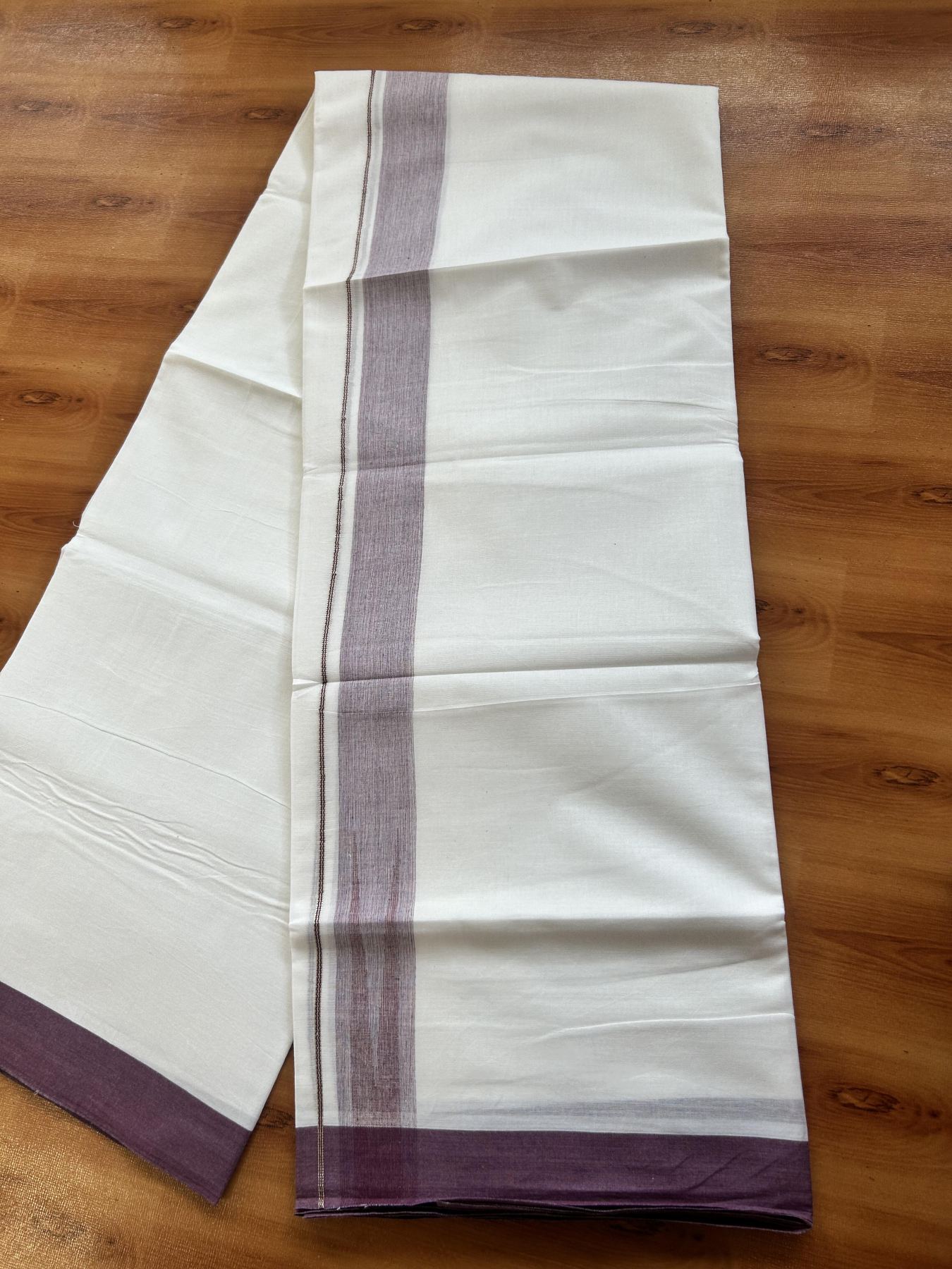 Double Pure White Mundu/Dhoti - 20% Discount !! KaithariKada Balaramapuram 100% Cotton - 100x80 - 1.5 inch Purple Wine & Maroon Silver Chutty Kara 3.80 mtr (8 muzham) - 4 KK5414 CKS
