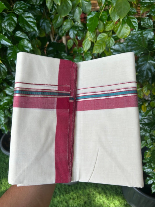 25% Discount ! KaithariKada Handloom Millpaav Balaramapuram - 100% PURE Cotton OFF White (Unbleached) Double Mundu/Dothi - 80x90 - 1.5 inch Silver Kasav Maroon & Peacock Blue Striped Kara 4 Meters (8.5 Muzham) - 21 KK5256 RAM