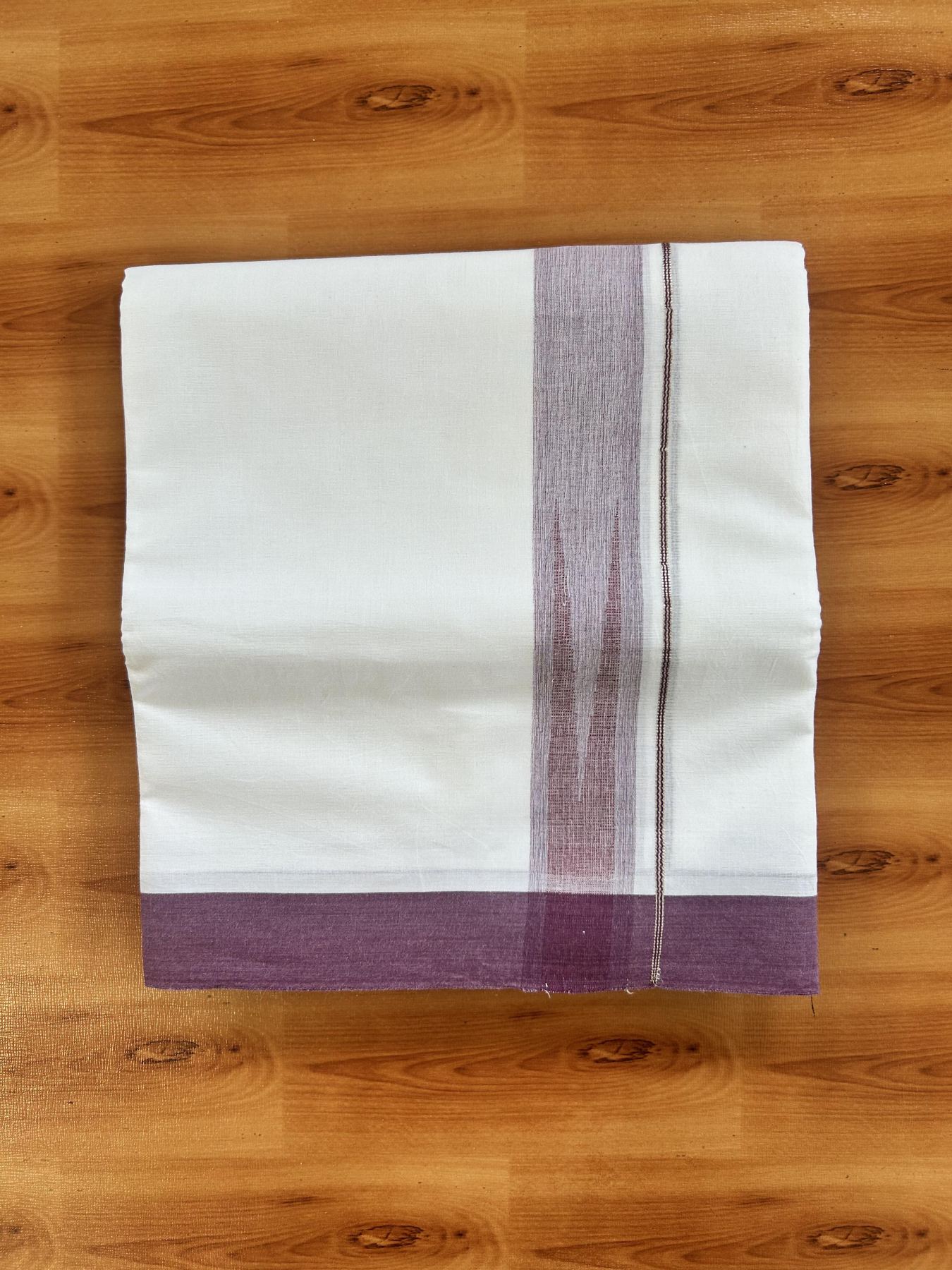 Double Pure White Mundu/Dhoti - 20% Discount !! KaithariKada Balaramapuram 100% Cotton - 100x80 - 1.5 inch Purple Wine & Maroon Silver Chutty Kara 3.80 mtr (8 muzham) - 4 KK5414 CKS