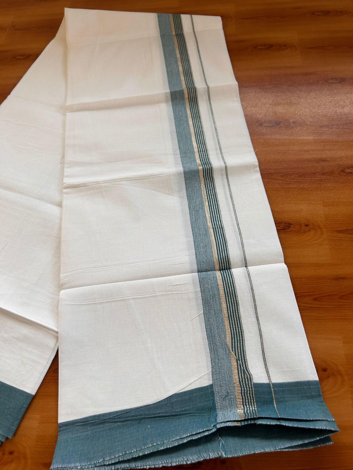 Kids Pure White Mundu/Dhoti Kaitharikada 100% Pure Cotton - 80s - 44 inch height - 1.25 inch Silver Kasav & Peacock Green Striped Kara 1.70 mtr (3.63 Muzham) - 4 KK5533 PMC