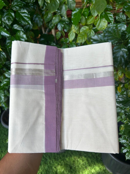 25% Discount ! KaithariKada Handloom Millpaav Balaramapuram - 100% PURE Cotton OFF White (Unbleached) Double Mundu/Dothi - 80x90 - 1.5 inch Silver Kasav & Bright Lavender Striped Kara 4 Meters (8.5 Muzham) - 18 KK5256 RAM