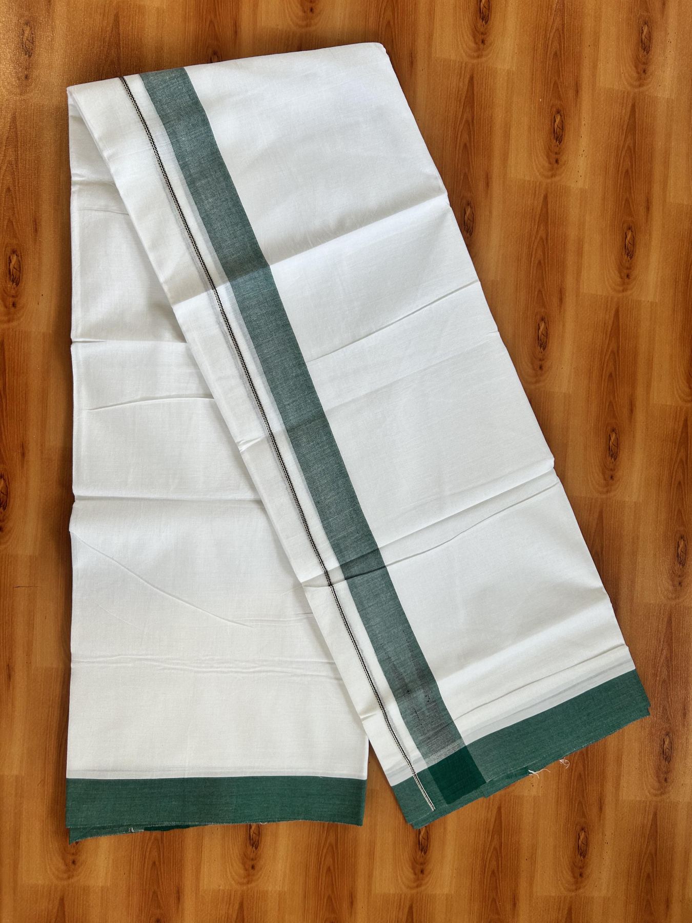 Double Pure White Mundu/Dhoti - 20% Discount !! KaithariKada Balaramapuram 100% Cotton - 100x80 - 1.5 inch Dark Green & Black Silver Chutty Kara 3.80 mtr (8 muzham) - 5 KK5414 CKS