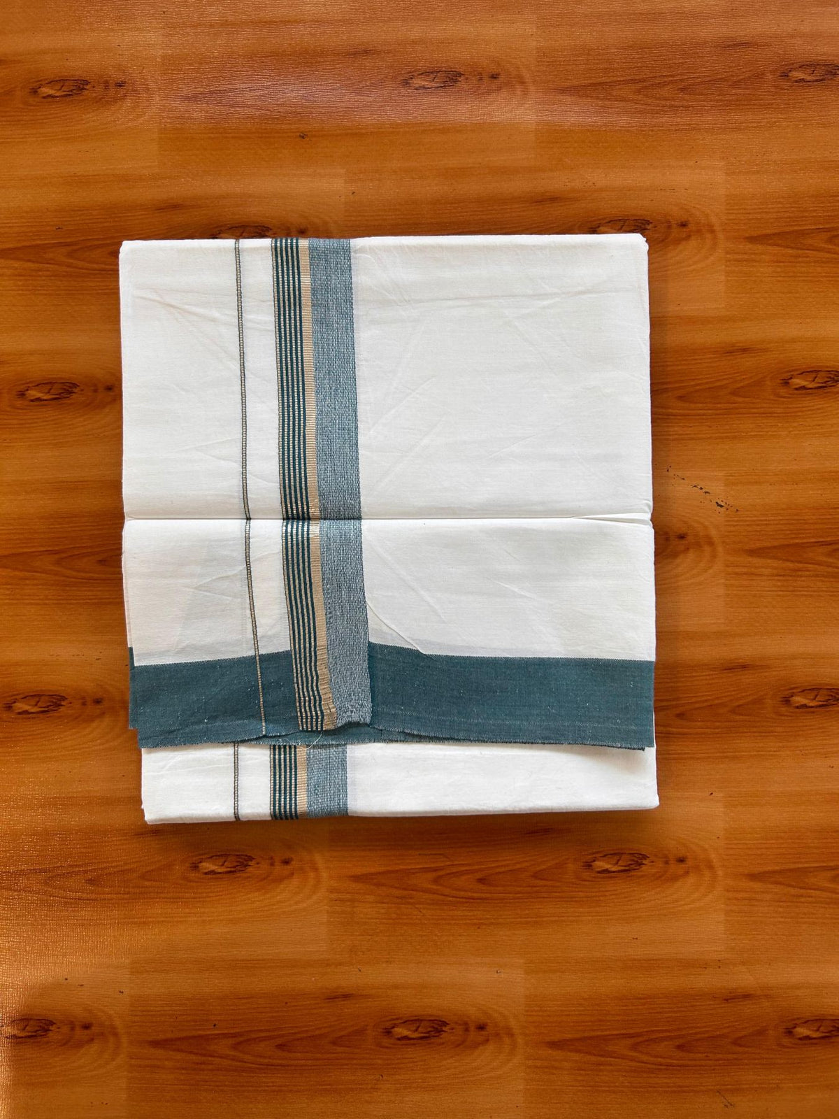 Kids Pure White Mundu/Dhoti Kaitharikada 100% Pure Cotton - 80s - 44 inch height - 1.25 inch Silver Kasav & Peacock Green Striped Kara 1.70 mtr (3.63 Muzham) - 4 KK5533 PMC