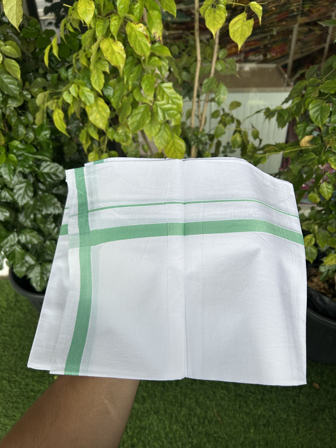 18% Discount!! KaithariKada Balaramapuram 100% Cotton Single Pure White Mundu/Dhoti - 30X70 - 0.5 inch Light Green kara 1.90 mtr (4 muzham) - 2 KK5312 PMC