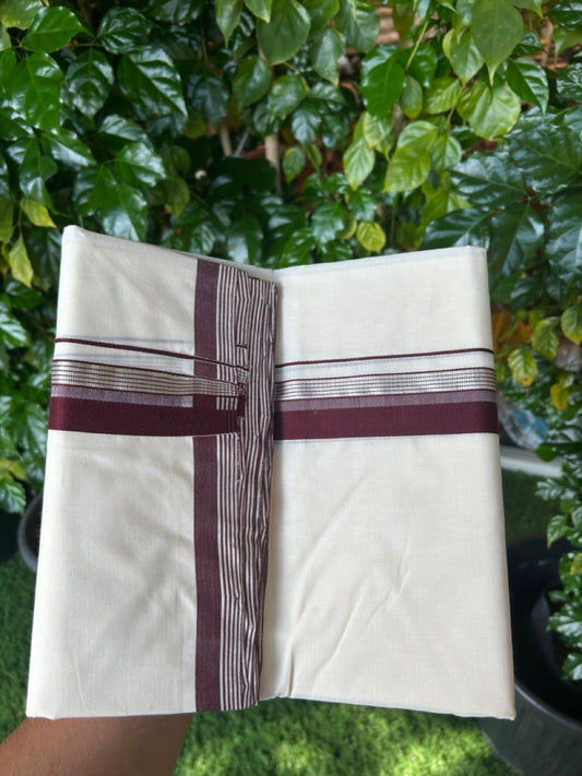 25% Discount ! KaithariKada Handloom Millpaav Balaramapuram - 100% PURE Cotton OFF White (Unbleached) Double Mundu/Dothi - 80x90 - 1.5 inch Silver Kasav & Dark Maroon Shaded Striped Kara 4 Meters (8.5 Muzham) - 22 KK5256 RAM