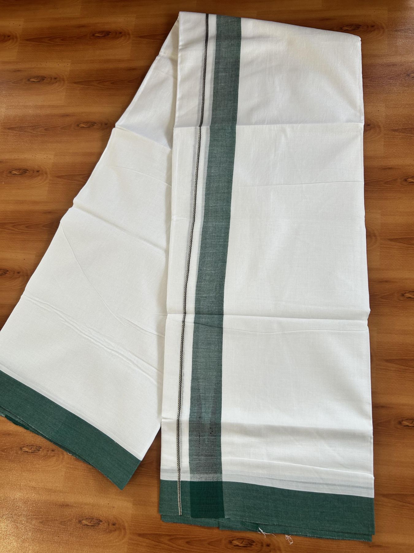 Double Pure White Mundu/Dhoti - 20% Discount !! KaithariKada Balaramapuram 100% Cotton - 100x80 - 1.5 inch Dark Green & Black Silver Chutty Kara 3.80 mtr (8 muzham) - 5 KK5414 CKS