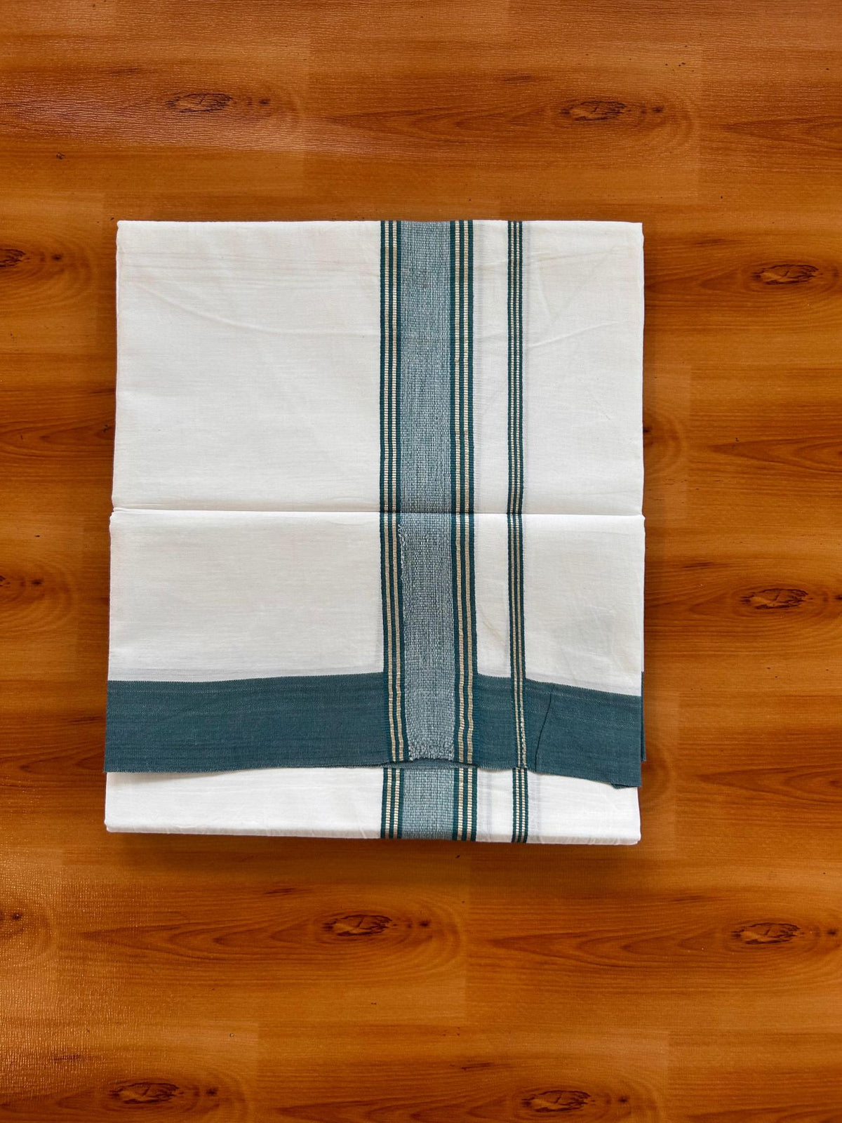 Kids Pure White Mundu/Dhoti Kaitharikada 100% Pure Cotton - 80s - 44 inch height - 1.5 inch Silver Kasav & Peacock Green Striped Kara 1.70 mtr (3.63 Muzham) - 3 KK5533 PMC