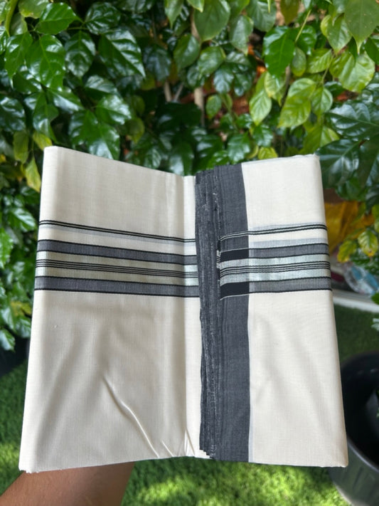 25% Discount ! KaithariKada Handloom Millpaav Balaramapuram - 100% PURE Cotton OFF White (Unbleached) Double Mundu/Dothi - 80x90 - 1.5 inch Silver Kasav & Black Shaded Striped Kara 4 Meters (8.5 Muzham) - 23 KK5256 RAM