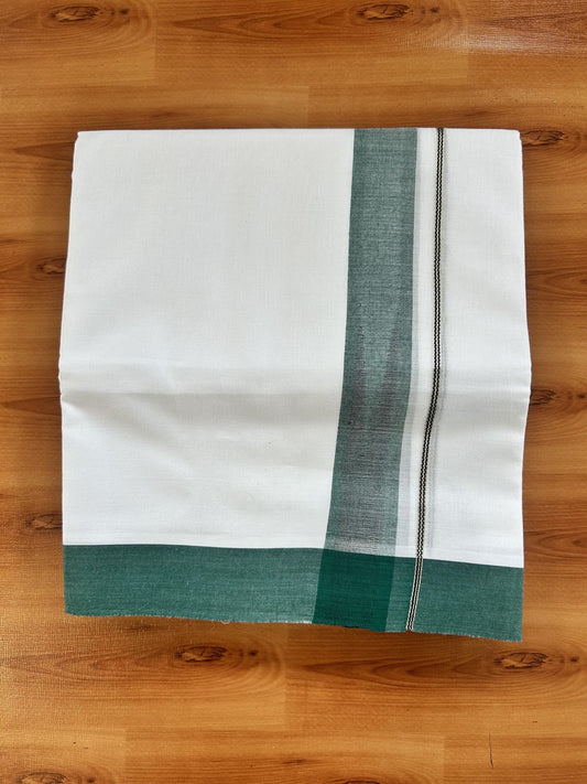Double Pure White Mundu/Dhoti - 20% Discount !! KaithariKada Balaramapuram 100% Cotton - 100x80 - 1.5 inch Dark Green & Black Silver Chutty Kara 3.80 mtr (8 muzham) - 5 KK5414 CKS
