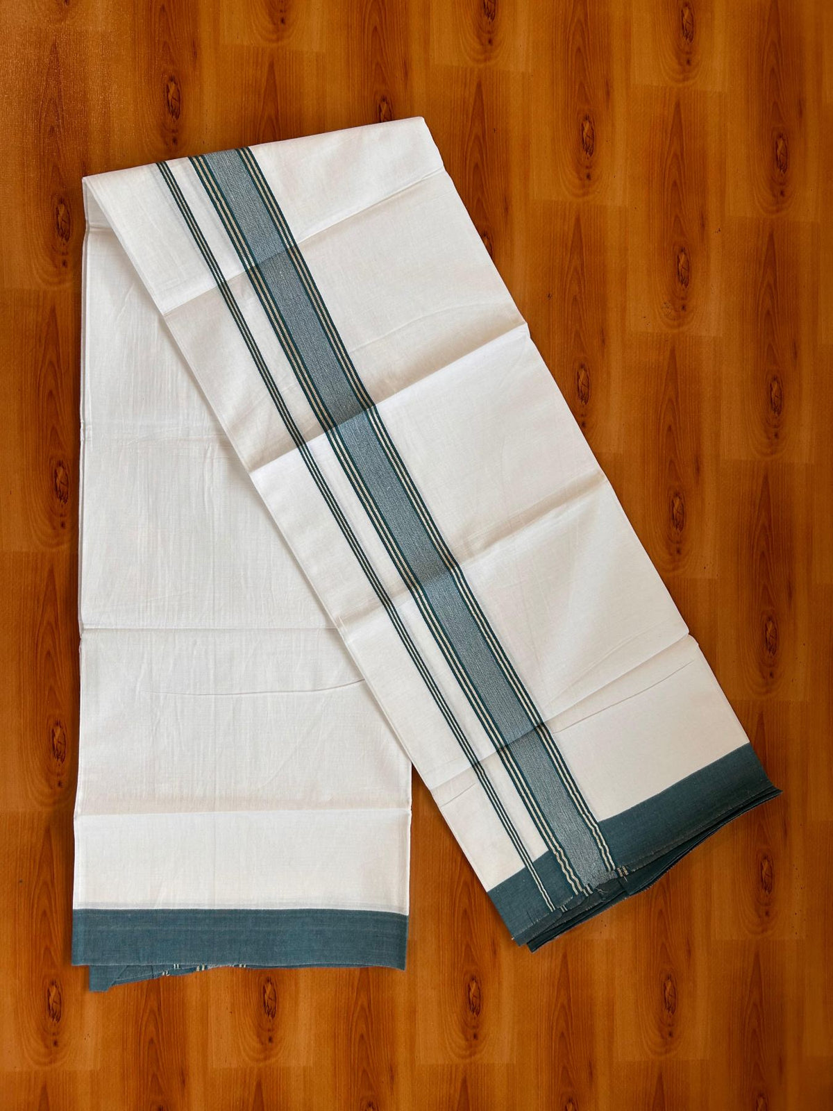 Kids Pure White Mundu/Dhoti Kaitharikada 100% Pure Cotton - 80s - 44 inch height - 1.5 inch Silver Kasav & Peacock Green Striped Kara 1.70 mtr (3.63 Muzham) - 3 KK5533 PMC