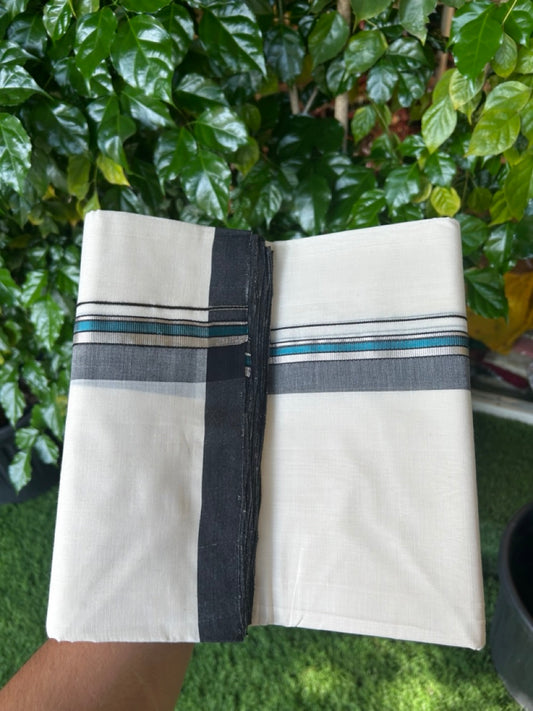 25% Discount ! KaithariKada Handloom Millpaav Balaramapuram - 100% PURE Cotton OFF White (Unbleached) Double Mundu/Dothi - 80x90 - 1.5 inch Silver Kasav Peacock Blue & Black Shaded Striped Kara 4 Meters (8.5 Muzham) - 26 KK5256 RAM
