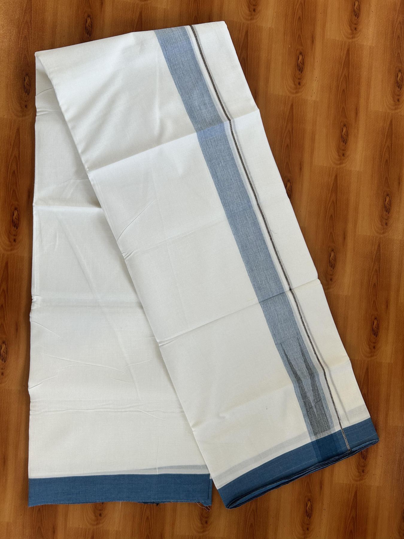 Double Pure White Mundu/Dhoti - 20% Discount !! KaithariKada Balaramapuram 100% Cotton - 100x80 - 1.5 inch Denim Blue & Black Silver Chutty Kara 3.80 mtr (8 muzham) - 6 KK5414 CKS