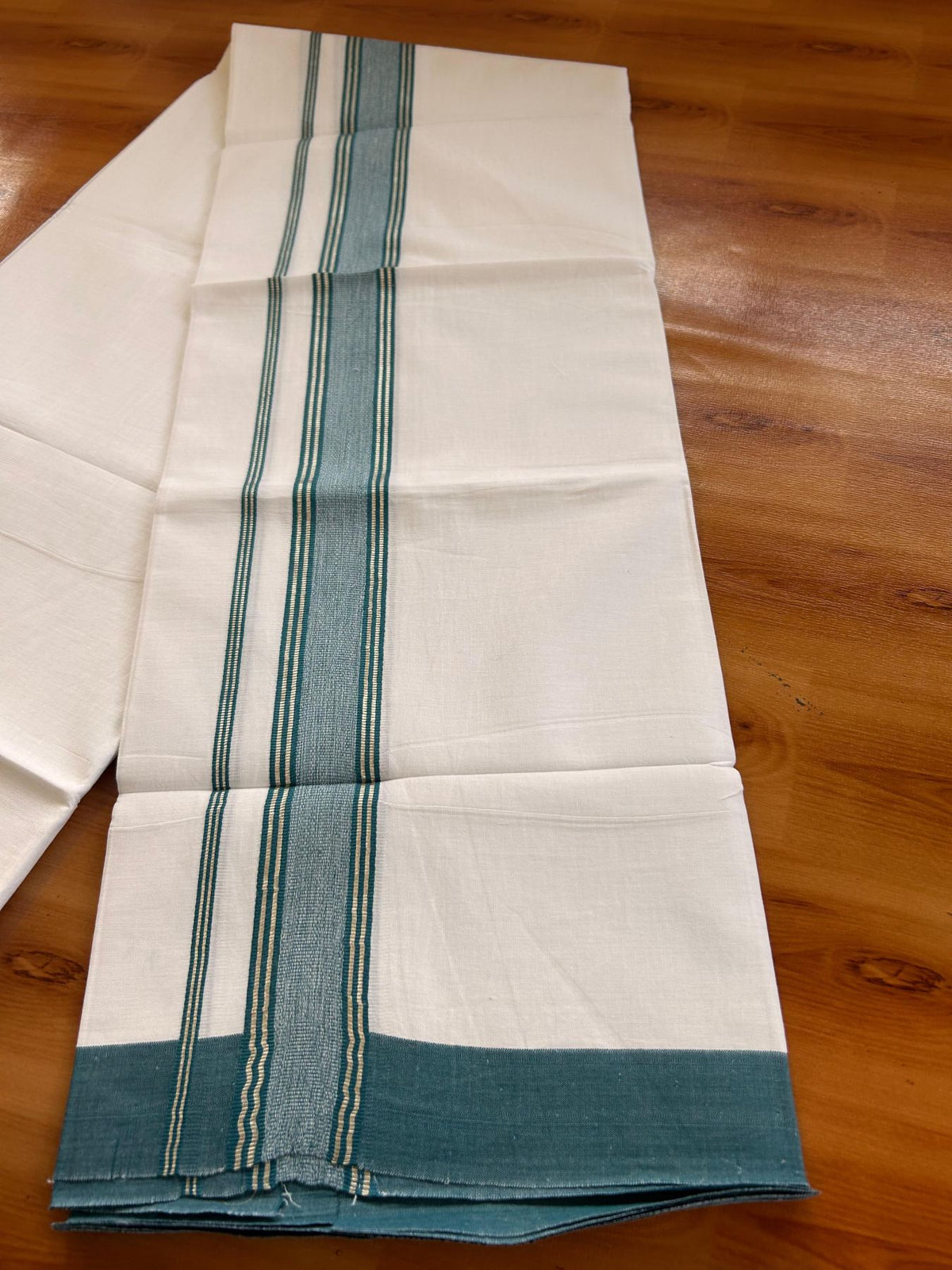 Kids Pure White Mundu/Dhoti Kaitharikada 100% Pure Cotton - 80s - 44 inch height - 1.5 inch Silver Kasav & Peacock Green Striped Kara 1.70 mtr (3.63 Muzham) - 3 KK5533 PMC