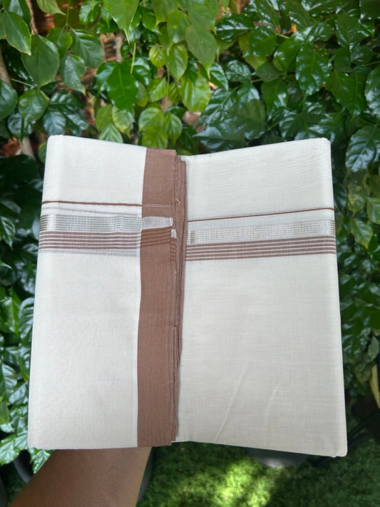 25% Discount ! KaithariKada Handloom Millpaav Balaramapuram - 100% PURE Cotton OFF White (Unbleached) Double Mundu/Dothi - 80x90 - 1.5 inch Silver Kasav & Brown Striped Kara 4 Meters (8.5 Muzham) - 19 KK5256 RAM