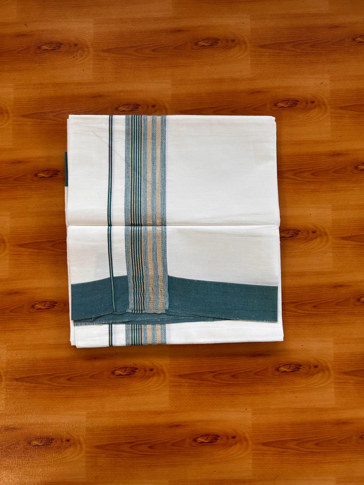 Kids Pure White Mundu/Dhoti Kaitharikada 100% Pure Cotton - 80s - 44 inch height - 1.75 inch Silver Kasav & Peacock Green Striped Kara 1.70 mtr (3.63 Muzham) - 1 KK5533 PMC
