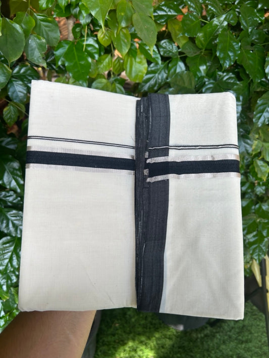 25% Discount ! KaithariKada Handloom Millpaav Balaramapuram - 100% PURE Cotton OFF White (Unbleached) Double Mundu/Dothi - 80x90 - 1 inch Silver Kasav & Black Kara 4 Meters (8.5 Muzham) - 25 KK5256 RAM