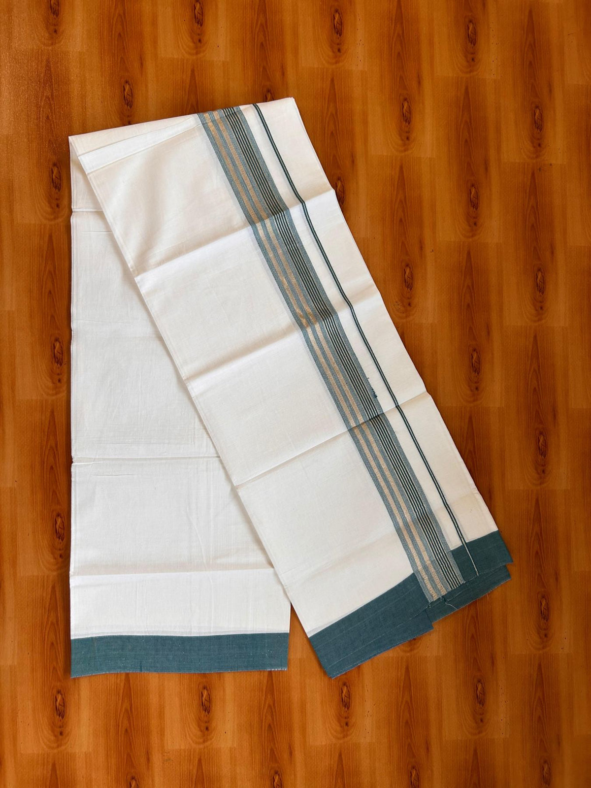 Kids Pure White Mundu/Dhoti Kaitharikada 100% Pure Cotton - 80s - 44 inch height - 1.75 inch Silver Kasav & Peacock Green Striped Kara 1.70 mtr (3.63 Muzham) - 1 KK5533 PMC