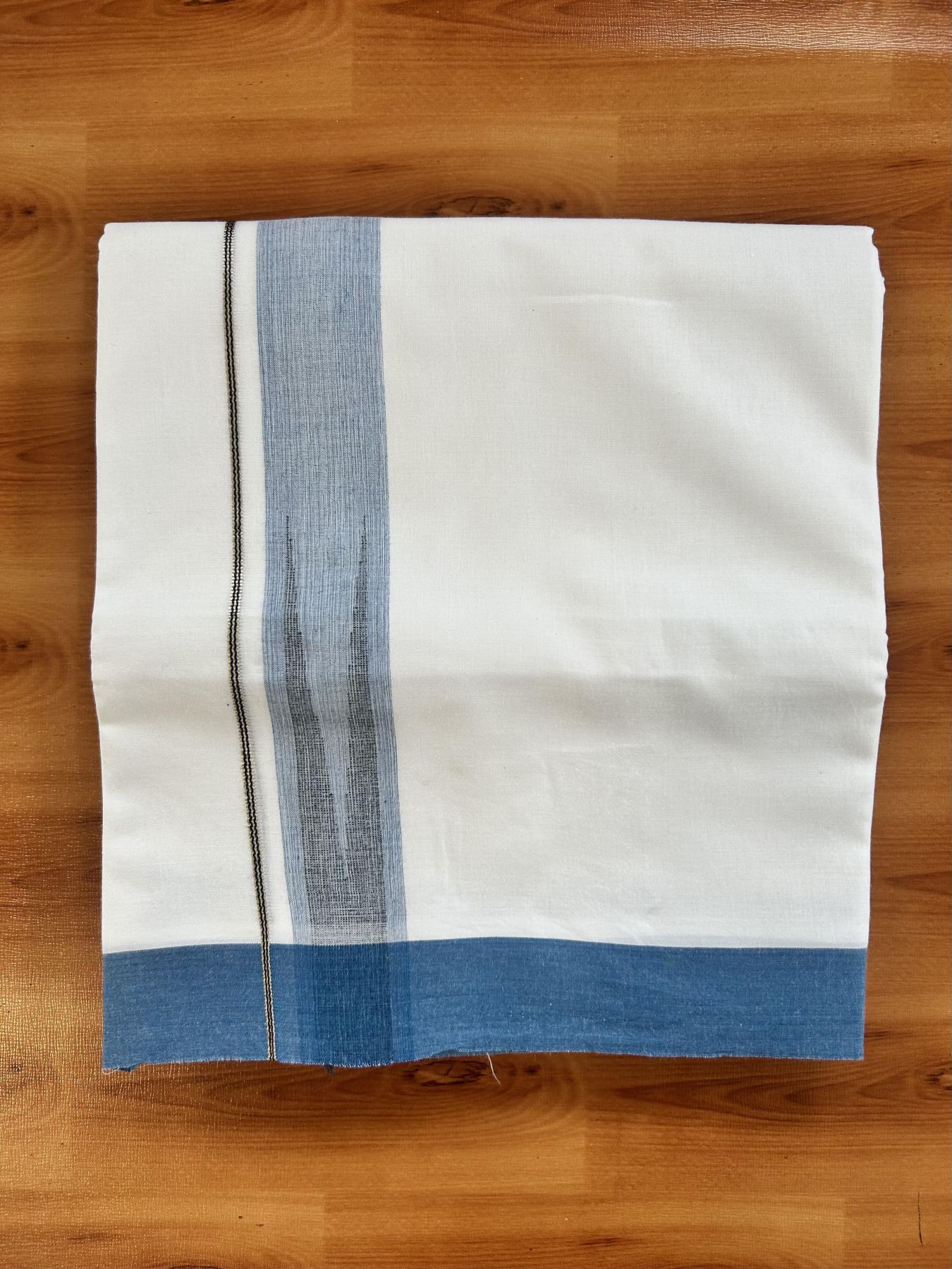 Double Pure White Mundu/Dhoti - 20% Discount !! KaithariKada Balaramapuram 100% Cotton - 100x80 - 1.5 inch Denim Blue & Black Silver Chutty Kara 3.80 mtr (8 muzham) - 6 KK5414 CKS
