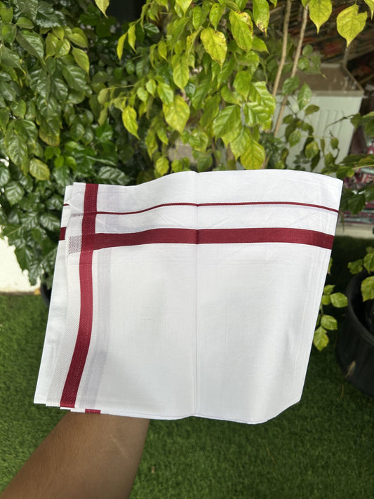 18% Discount!! KaithariKada Balaramapuram 100% Cotton Single Pure White Mundu/Dhoti - 30X70 - 0.5 inch Dark  Maroon kara 1.90 mtr (4 muzham) - 5 KK5312 PMC