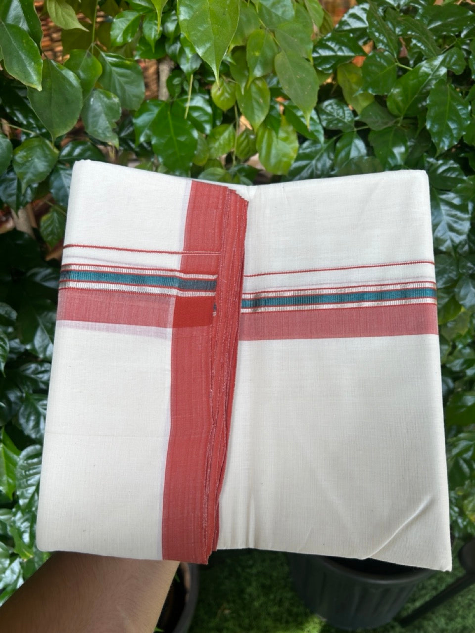 25% Discount ! KaithariKada Handloom Millpaav Balaramapuram - 100% PURE Cotton OFF White (Unbleached) Double Mundu/Dothi - 80x90 - 1.5 inch Silver Kasav Peacock Blue & Brick Orange Shaded Striped Kara 4 Meters (8.5 Muzham) - 32 KK5256 RAM