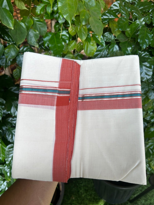 25% Discount ! KaithariKada Handloom Millpaav Balaramapuram - 100% PURE Cotton OFF White (Unbleached) Double Mundu/Dothi - 80x90 - 1.5 inch Silver Kasav Peacock Blue & Brick Orange Shaded Striped Kara 4 Meters (8.5 Muzham) - 32 KK5256 RAM
