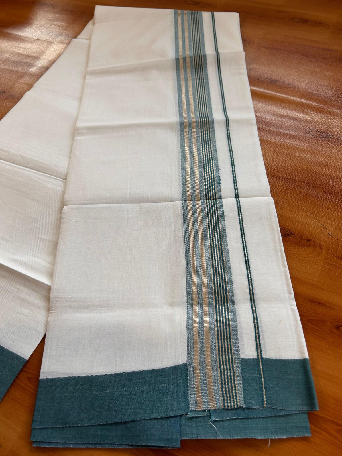 Kids Pure White Mundu/Dhoti Kaitharikada 100% Pure Cotton - 80s - 44 inch height - 1.75 inch Silver Kasav & Peacock Green Striped Kara 1.70 mtr (3.63 Muzham) - 1 KK5533 PMC