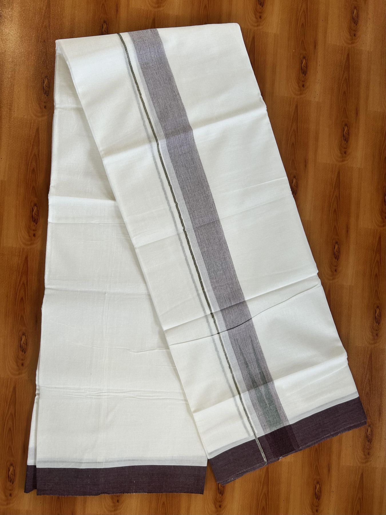 Double Pure White Mundu/Dhoti - 20% Discount !! KaithariKada Balaramapuram 100% Cotton - 100x80 - 1.5 inch Dark Wine & Green Silver Chutty Kara 3.80 mtr (8 muzham) - 7 KK5414 CKS