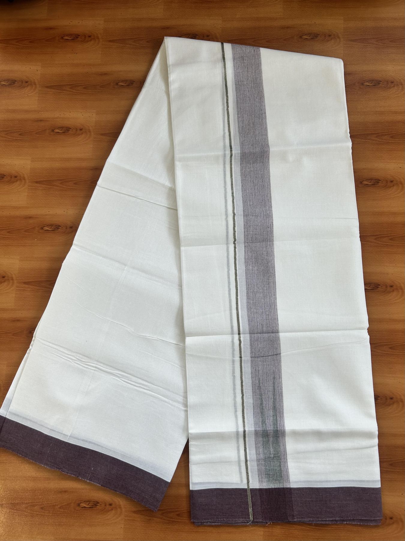 Double Pure White Mundu/Dhoti - 20% Discount !! KaithariKada Balaramapuram 100% Cotton - 100x80 - 1.5 inch Dark Wine & Green Silver Chutty Kara 3.80 mtr (8 muzham) - 7 KK5414 CKS