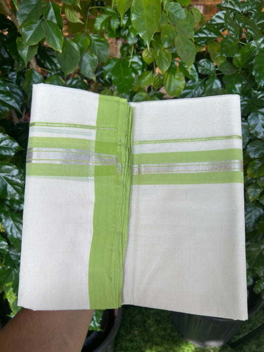 25% Discount ! KaithariKada Handloom Millpaav Balaramapuram - 100% PURE Cotton OFF White (Unbleached) Double Mundu/Dothi - 80x90 - 1.5 inch Silver Kasav & Light Green Shaded Striped Kara 4 Meters (8.5 Muzham) - 31 KK5256 RAM
