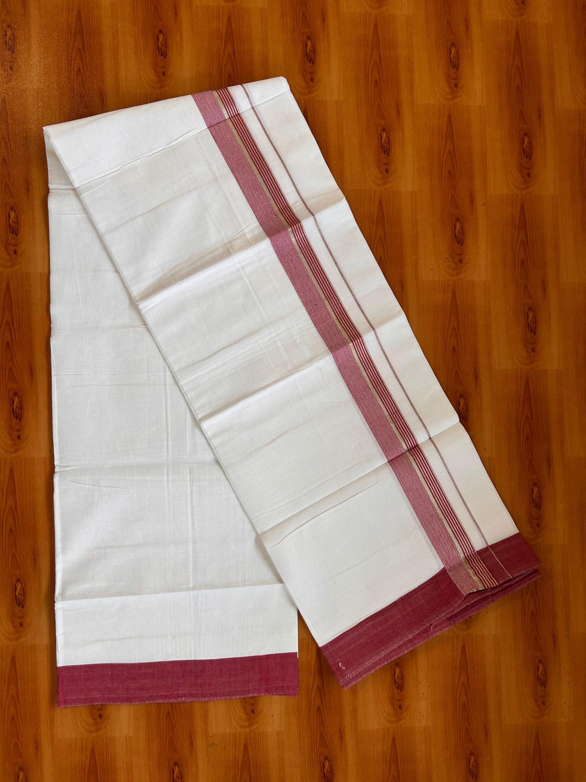 Kids Pure White Mundu/Dhoti Kaitharikada 100% Pure Cotton - 80s - 44 inch height - 1.25 inch Silver Kasav & Maroon Striped Kara 1.70 mtr (3.63 Muzham) - 5 KK5533 PMC
