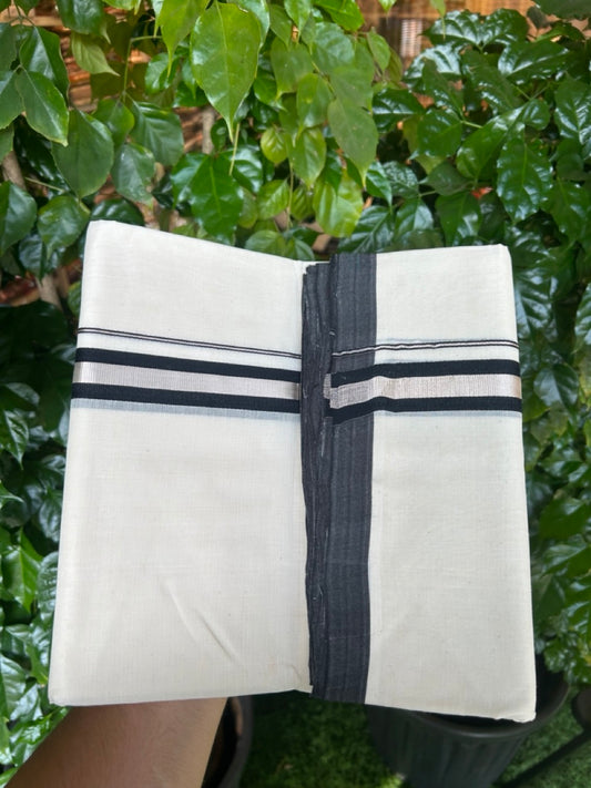 25% Discount ! KaithariKada Handloom Millpaav Balaramapuram - 100% PURE Cotton OFF White (Unbleached) Double Mundu/Dothi - 80x90 - 1 inch Silver Kasav & Black Kara 4 Meters (8.5 Muzham) - 30 KK5256 RAM