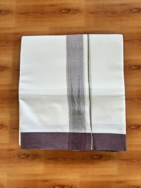 Double Pure White Mundu/Dhoti - 20% Discount !! KaithariKada Balaramapuram 100% Cotton - 100x80 - 1.5 inch Dark Wine & Green Silver Chutty Kara 3.80 mtr (8 muzham) - 7 KK5414 CKS