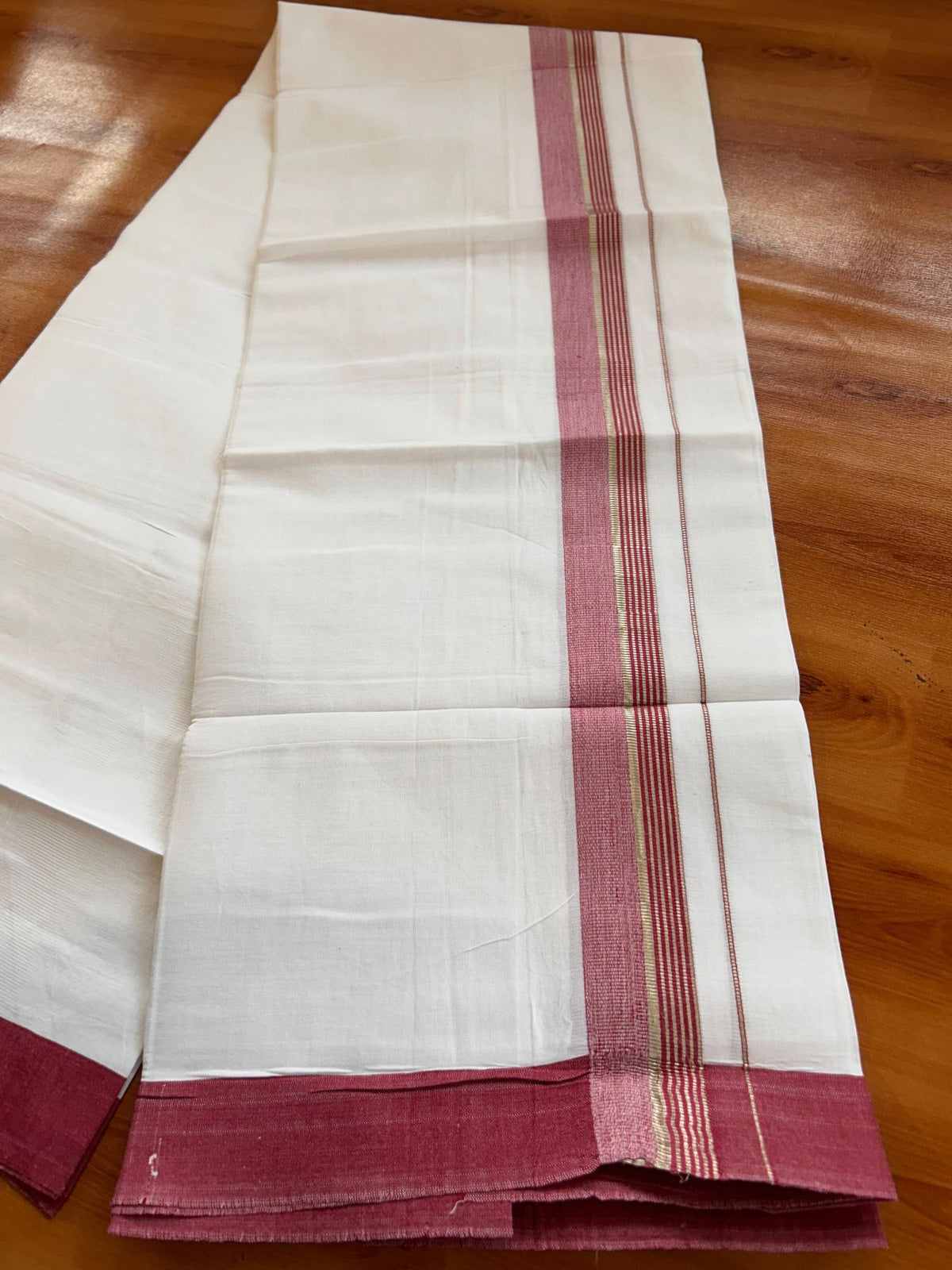 Kids Pure White Mundu/Dhoti Kaitharikada 100% Pure Cotton - 80s - 44 inch height - 1.25 inch Silver Kasav & Maroon Striped Kara 1.70 mtr (3.63 Muzham) - 5 KK5533 PMC