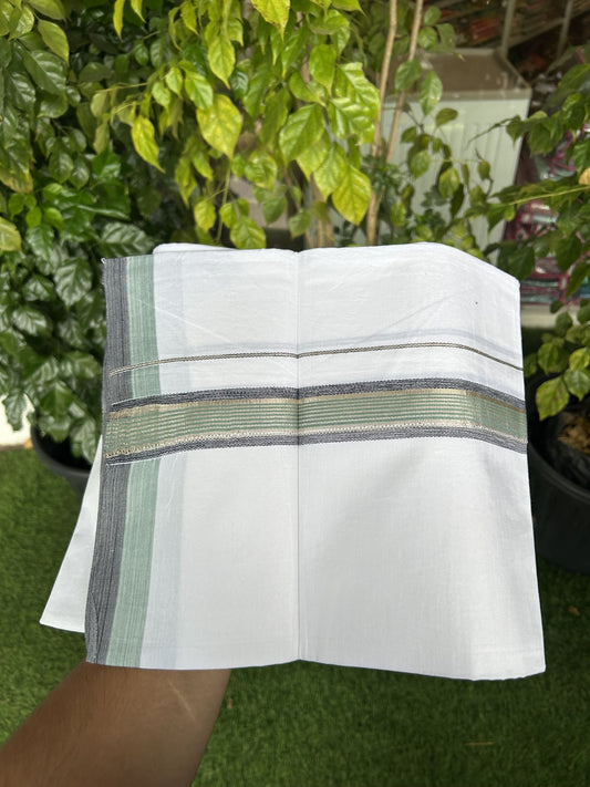 23% Discount! KaithariKada Balaramapuram 100% Cotton Single Pure White Mundu/Dhoti - 30X70 - 1.25 inch Silver Kasav Teal Stripes Black shaded kara 1.90 mtr (4 muzham) - 10 KK5312 PMC
