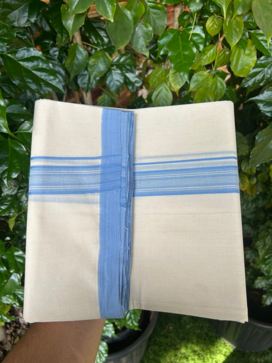 25% Discount ! KaithariKada Handloom Millpaav Balaramapuram - 100% PURE Cotton OFF White (Unbleached) Double Mundu/Dothi - 80x90 - 1.25 inch Blue Shaded Striped Kara 4 Meters (8.5 Muzham) - 29 KK5256 RAM